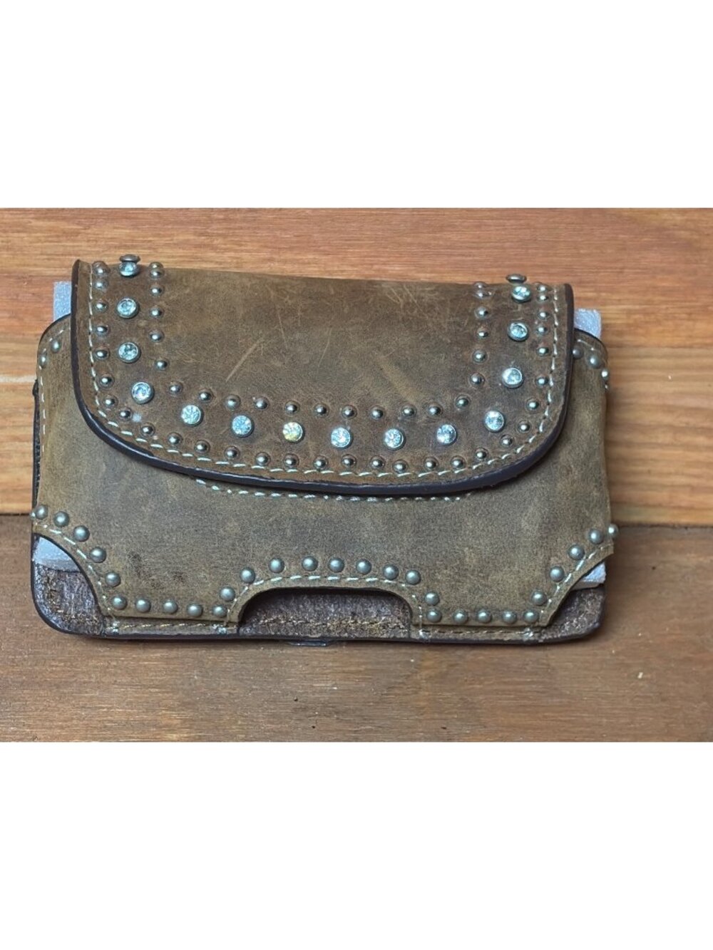 Nocona Western-Style Leather Cell Phone Holster Rhinestone Stud Accents Brown